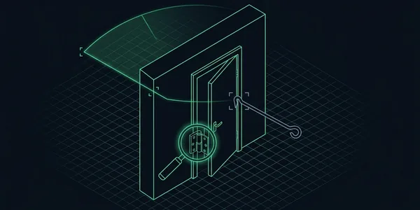 Illustration: Illustration: Ein Wandstück mit einer Tür; eine grüne Scanlinie streift die Wand, eine Lupe prüft das Scharnier und ein grauer Haken hat die Tür einen Spalt geöffnet.