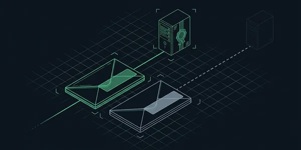 Illustration: Zwei Umschläge: vom grünen führt eine durchgehende Linie zum Mailserver mit Siegel, vom grauen eine gestrichelte zu einem fernen, trüben Server.