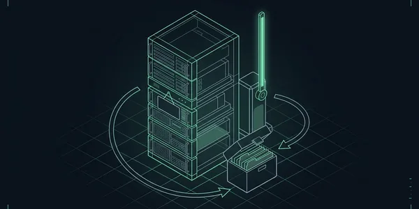 Illustration: Ein Serverschrank mit leerem Namensschild und ein Karteikasten, umkreist von zwei Pfeilen; daneben eine geöffnete Schranke.