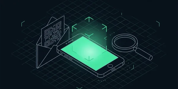 Illustration: Ein grün leuchtendes Smartphone mit Scanrahmen, links ein offener Umschlag mit einer Code-Karte, rechts eine Lupe.