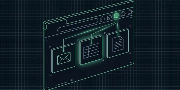 Illustration: Ein Browserfenster mit Erweiterungssymbolen; von einem grün leuchtenden Puzzleteil reichen Linien in eine Mail, eine Tabelle und ein Dokument im Fenster.