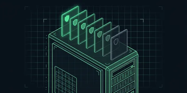Illustration: Sechs flache Karten mit Schild auf einem Server; die erste leuchtet stark grün, nach hinten werden sie blasser.