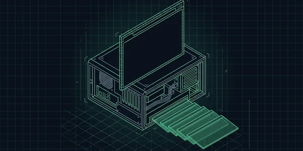 Illustration: Ein Browserfenster als Umriss auf einem Server; die grünen Header-Karten gleiten unten aus dem Server heraus, nicht aus dem Fenster.