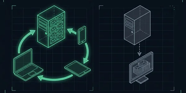 Illustration: Links ein Server, der seine Umschläge behält und mit Laptop, Handy und Tablet abgleicht; rechts ein leerer Server, dessen Umschläge in einem einzigen Rechner liegen.