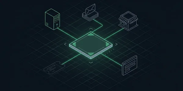 Illustration: Eine DNS-Karte in der Mitte, umgeben von fünf Versendern; vier sind per grüner Linie angebunden, einer hängt grau und unverbunden daneben.