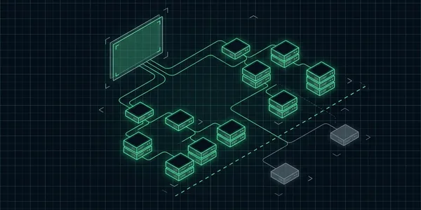 Illustration: Eine DNS-Karte, aus der sich ein Baum von Linien zu kleinen Servern verzweigt; die meisten leuchten grün, einige jenseits einer gestrichelten Grenzlinie bleiben grau.