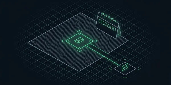 Illustration: Illustration: Aus einem grau schraffierten Bereich führt ein grüner Weg von einem kleinen Quadrat mit Briefumschlag hinaus zu einem sauberen Quadrat außerhalb; am Rand steht eine Kalenderkarte mit leeren Kästchen.