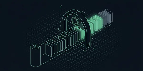 Illustration: Eine Sitemap-Rolle entrollt sich zu einer Reihe Seitenkacheln unter einem Scannerbogen mit Lupe; die meisten leuchten danach grün, einige bleiben grau.