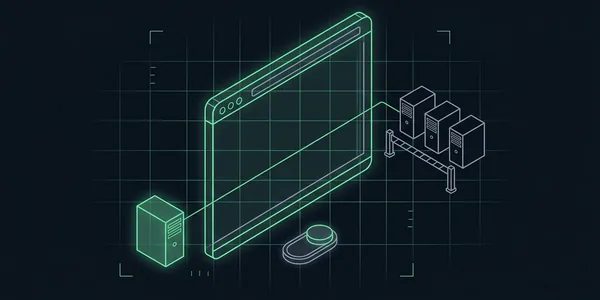 Illustration: Ein Browserfenster mit Kippschalter davor; drei fremde Server stehen hinter einer Schranke, nur der eigene Server links leuchtet grün.