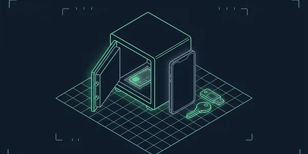 Illustration: Ein offener Safe mit einer versiegelten Karte darin; daneben ein Smartphone mit leerem Bildschirm, ein USB-Sicherheitsschlüssel und ein Schlüssel.