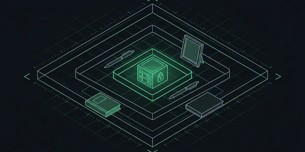 Illustration: Vier ineinander liegende Zonen: außen Bücher, weiter innen Stifte und ein Bilderrahmen, in der innersten Zone ein grün leuchtender Server mit Plugin-Kacheln und Schloss.