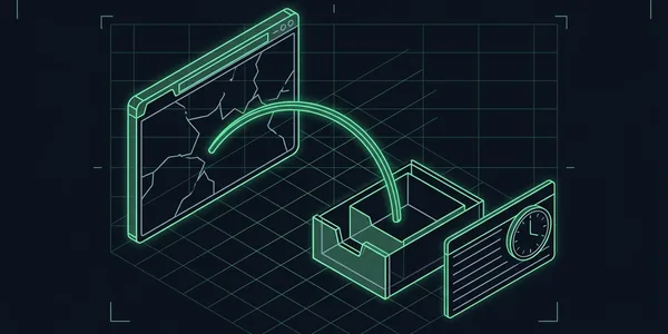 Illustration: Ein gerissenes Browserfenster wird über einen grünen Bogen in eine Ablagebox kopiert; daneben eine Karte mit leeren Zeilen und einer Uhr.