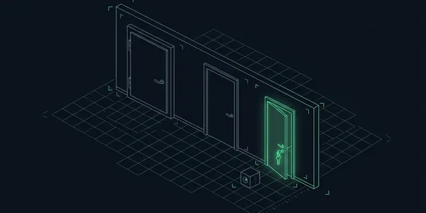 Illustration: Illustration: Eine Wand mit drei Türen; die große und die mittlere sind grau und geschlossen, nur die kleine rechte Tür steht grün offen, mit Schlüssel im Schloss, davor wartet ein kleiner Assistenten-Würfel.