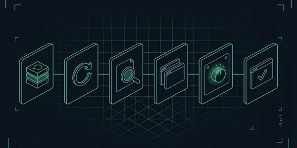 Illustration: Sechs Stationen in einer Reihe – Sicherungsbox, Aktualisierungspfeil, Lupe über Code, Testkopie eines Browserfensters, Bedienfeld mit Drehregler und Browserfenster mit Prüfrahmen; der Drehregler leuchtet grün.