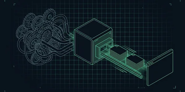 Illustration: Links ein Gewirr aus grauen Zahnrädern vor einem Server, rechts gibt derselbe Server fertige Seitenblätter aus, die auf einer grünen Bahn schnell zum Browserfenster gleiten.
