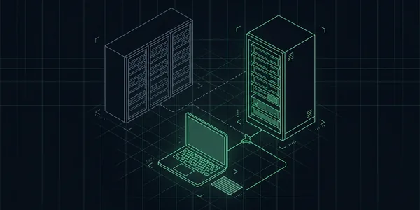 Illustration: Ein Laptop mit leerer Karteikarte daneben; seine Leitung führt durchgezogen und grün zum neuen Server, gestrichelt und grau zum alten.