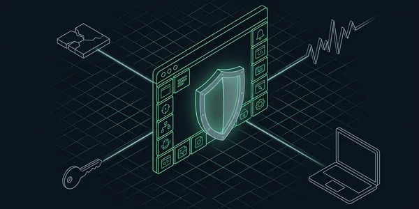 Illustration: Ein Browserfenster aus Plugin-Kacheln mit Schild davor; vier Angriffslinien kommen von einer rissigen Kachel, einem Schlüssel, einem Laptop und einer Skriptlinie.