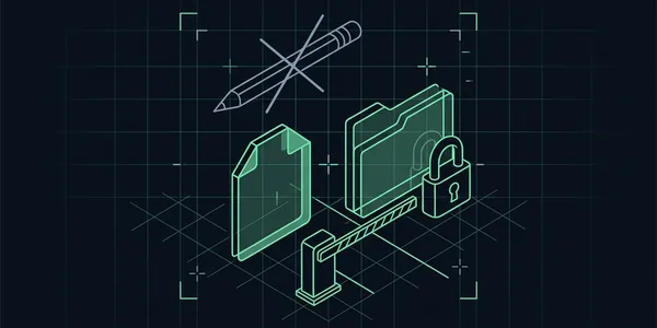 Illustration: Ein Ordner mit Schloss neben einer Konfigurationsdatei; der Stift darüber ist durchgestrichen, eine Schranke sperrt den Weg zum Ordner.