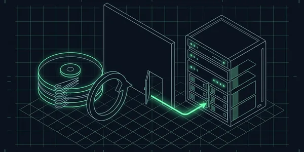 Illustration: Eine Sicherungsplatte links, durch eine Wand vom Server rechts getrennt; ein grüner Pfeil führt durch eine kleine Tür zurück in den Server.
