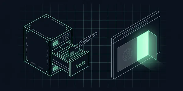 Illustration: Aus der Schublade eines Servers wird mit einer Pinzette eine Datei gezogen; daneben wird aus einer Absperrung im Browserfenster eine offene Tür.