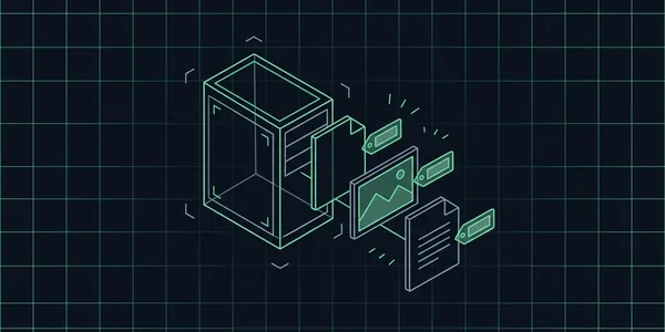 Illustration: Ein Server schickt verschiedene Dateien hinaus, PDF, Bild und Dokument; jede bekommt vom Server denselben kleinen Anhänger.