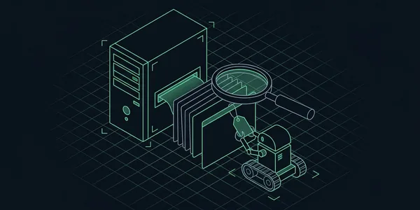 Illustration: Eine Lupe über einem Stapel flacher Antwortkarten aus einem Server; eine trägt einen Anhänger, den ein Crawler-Roboter liest.