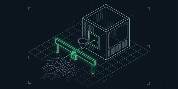 Illustration: Illustration: Vor der Seitenklappe eines Servers steht eine grün leuchtende Schranke mit Schloss; viele graue Pfeile stauen sich davor, nur ein einzelner Pfeil läuft durch einen schmalen Trichter hindurch.