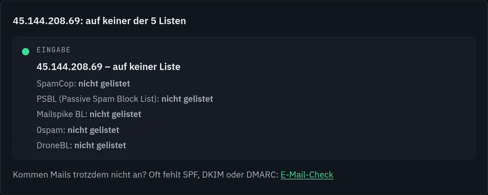 Ergebnis des Blacklist-Checks für die IP-Adresse 45.144.208.69: auf keiner der 5 Listen, jeweils nicht gelistet bei SpamCop, PSBL, Mailspike BL, 0spam und DroneBL.