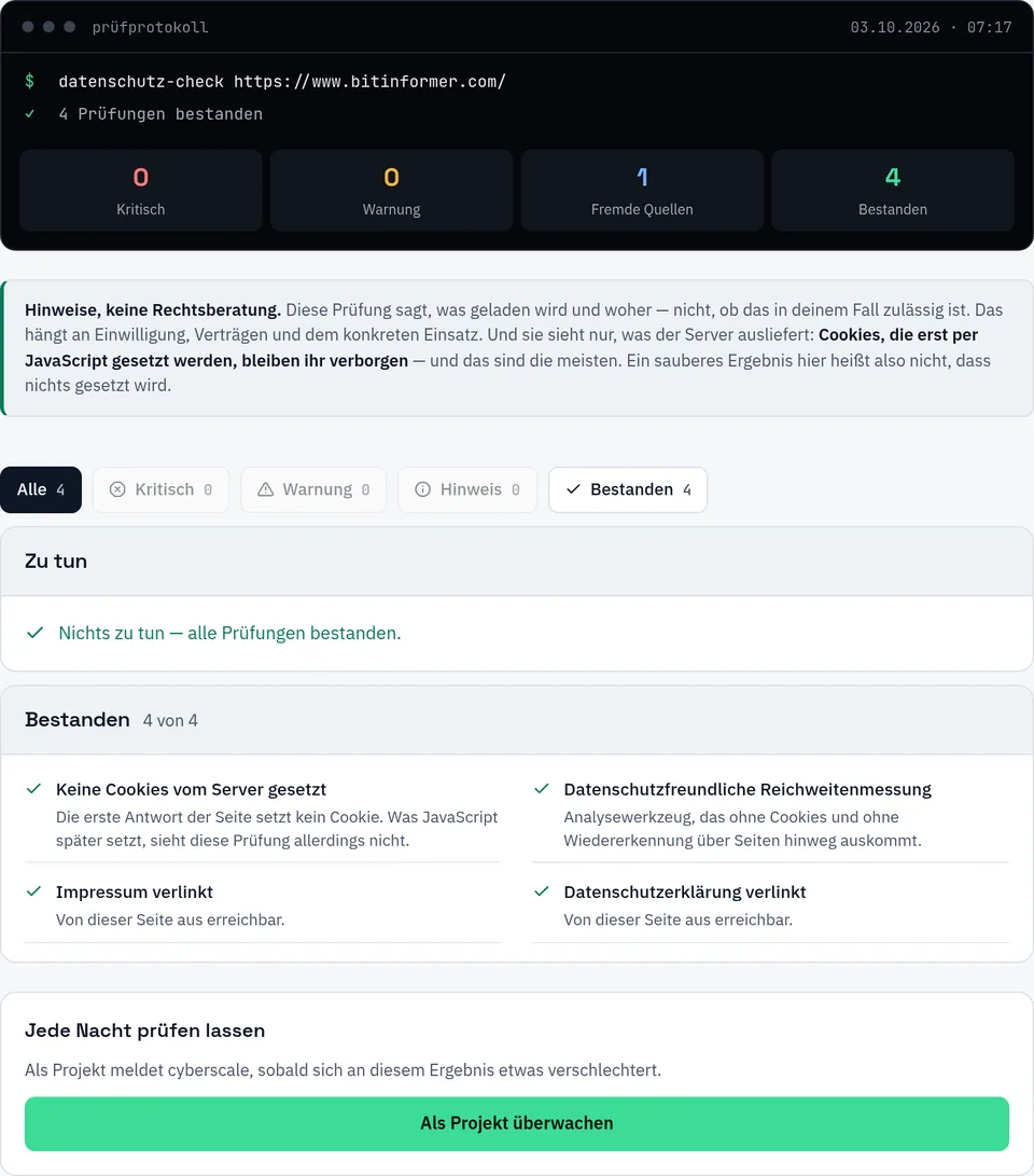 Datenschutz-Check für https://www.bitinformer.com/: 4 von 4 bestanden, 1 fremde Quelle. Keine Cookies vom Server gesetzt, datenschutzfreundliche Reichweitenmessung ohne Cookies, Impressum verlinkt, Datenschutzerklärung verlinkt. Hinweis des Werkzeugs: Cookies, die erst JavaScript setzt, sieht diese Prüfung nicht.