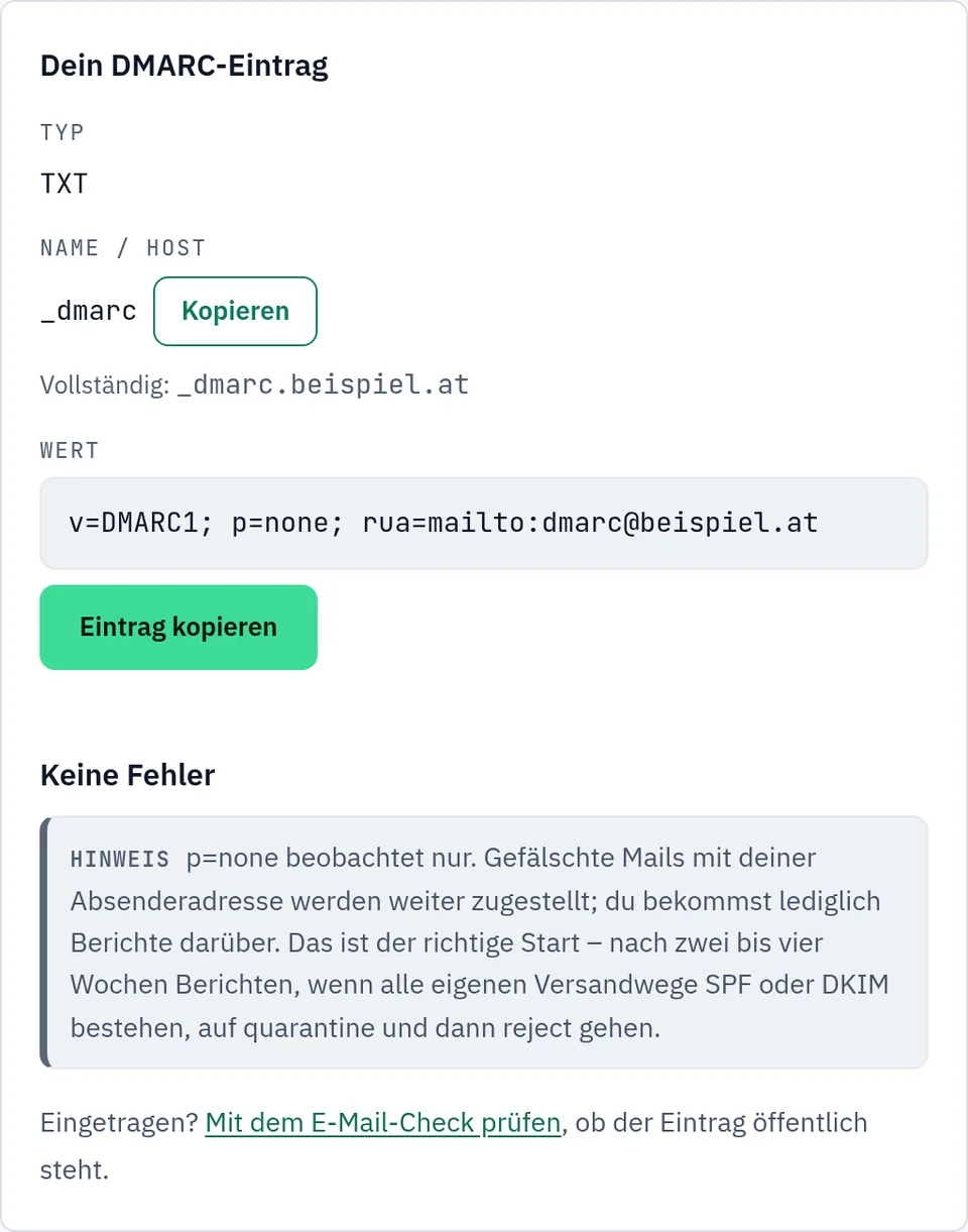 Ausgabe des DMARC-Generators: Typ TXT, Name _dmarc (vollständig _dmarc.beispiel.at), Wert v=DMARC1; p=none; rua=mailto:dmarc@beispiel.at, Prüfung ohne Fehler, Hinweis: p=none beobachtet nur, gefälschte Mails werden weiter zugestellt.