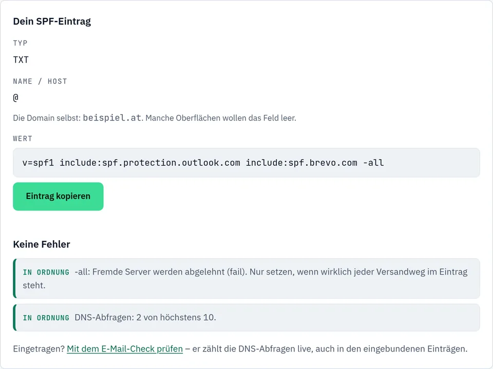 Ausgabe des SPF-Generators: Typ TXT, Name @ für beispiel.at, Wert v=spf1 include:spf.protection.outlook.com include:spf.brevo.com -all. Keine Fehler; in Ordnung: -all lehnt fremde Server ab, DNS-Abfragen 2 von höchstens 10.